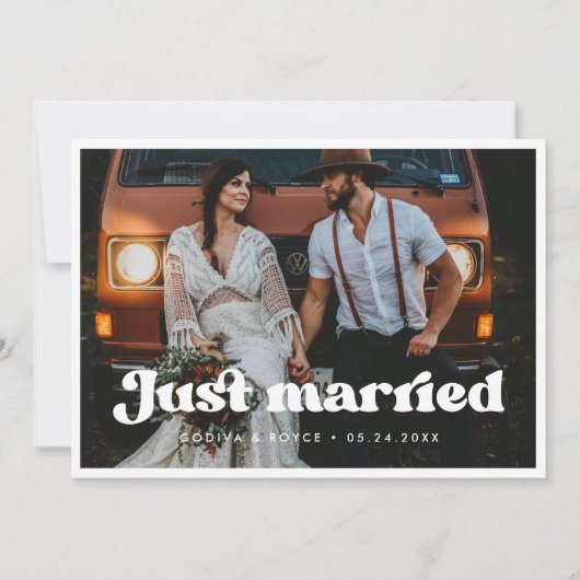 レトロスタイリッシュたった今結婚しましたフォトカード 案内状 (正面)