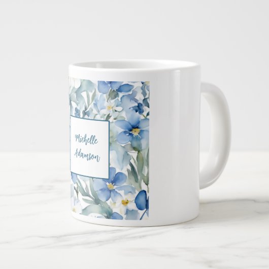 レトロスタイリッシュエレガント青白い花 ジャンボコーヒーマグカップ (正面右)