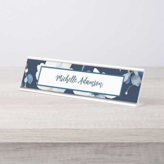 レトロスタイリッシュエレガント青白い花 デスクネームプレート (正面)