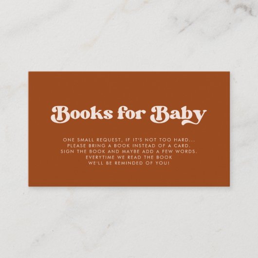 レトロスタイリッシュオレンジ色の赤ちゃんシャワーブックリクエストカード エンクロージャーカード (正面)