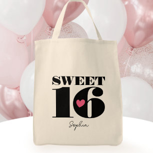 レトロスタイリッシュタイポグラフィSweet sixteenブラックピンク トートバッグ