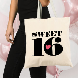 レトロスタイリッシュタイポグラフィSweet sixteenブラックピンク トートバッグ