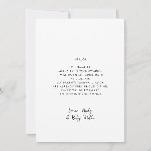 レトロスタイリッシュハローベビーフォト誕生 案内状 (裏面)