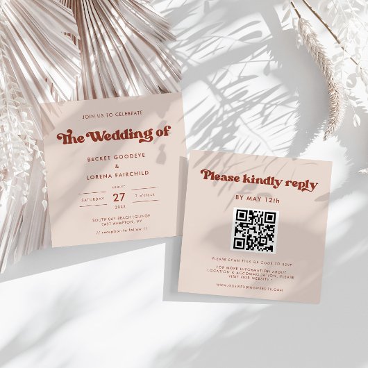 レトロスタイリッシュピーチピンクスクウェア結婚ズ 招待状