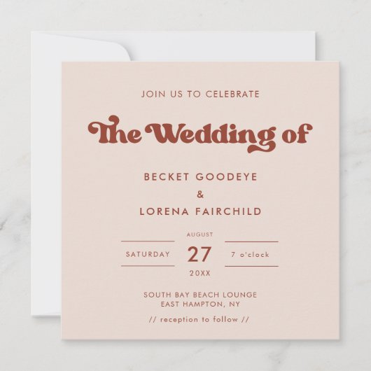 レトロスタイリッシュピーチピンクスクウェア結婚ズ 招待状 (正面)