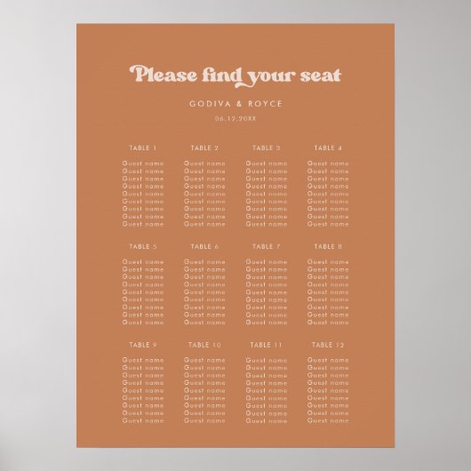 レトロスタイリッシュブラウン結婚シュガー座席表 ポスター (正面)