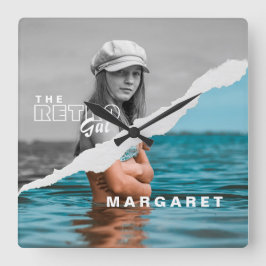 レトロスタイリッシュブラック&ホワイトポートレートフォトディスプレイ スクエア壁時計