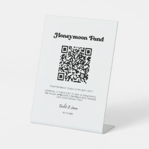 レトロスタイリッシュブラック&ホワイト新婚旅行ファンドQRコード 台座サイン