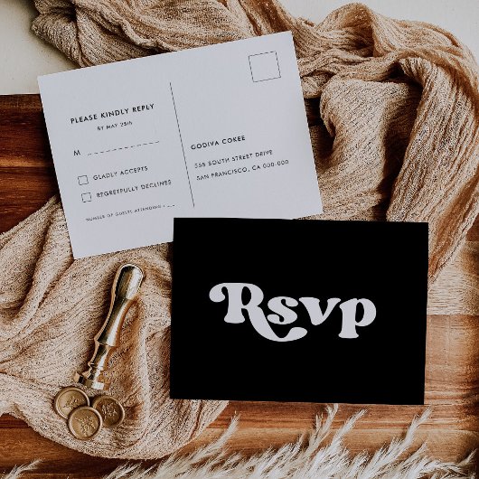 レトロスタイリッシュブラック&ホワイト結婚式RSVP ポストカード