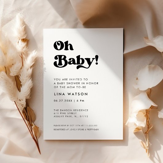 レトロスタイリッシュブラック&ホワイトOhベビー 招待状