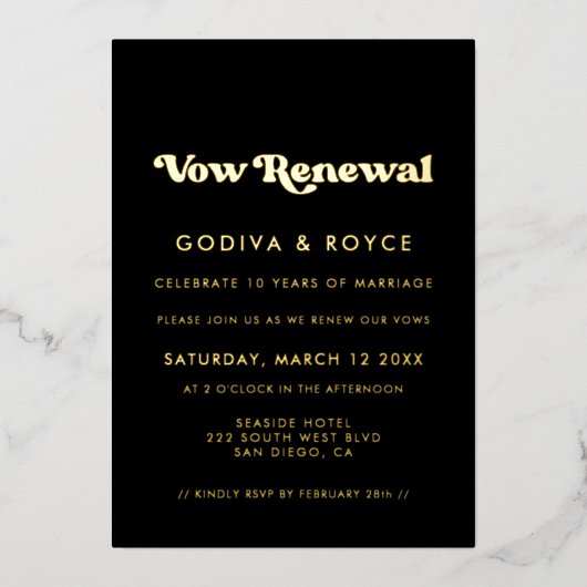 レトロスタイリッシュブラック&金ゴールド誓の更新 箔招待状 (正面)