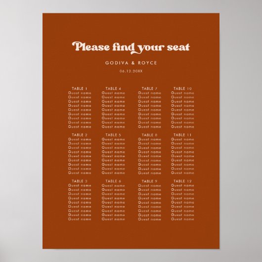 レトロスタイリッシュー焦げ結婚オレンジ色の座席表 ポスター (正面)