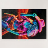 レトロスタイリッシュ鮮やかネオン照明付き女性のカーボーイ ジグソーパズル (横)