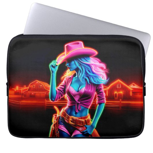 レトロスタイリッシュ鮮やかネオン照明付き女性のカーボーイ ラップトップスリーブ (正面)