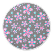 レトロスタイリッシュ60sピンク&ターコイズフラワーズ セラミックノブ (正面)