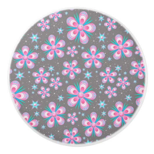 レトロスタイリッシュ60sピンク&ターコイズフラワーズ セラミックノブ (正面)