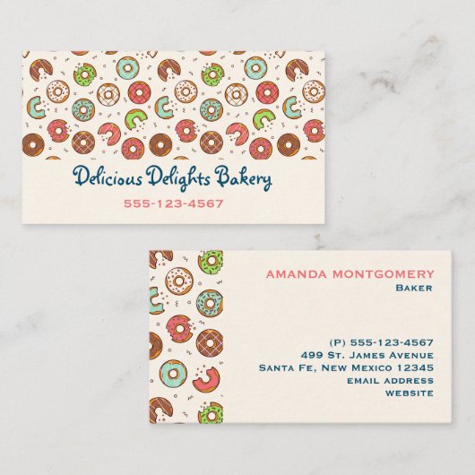 レトロスタイルかわいいカラフルドーナツパターンベーカリー 名刺 (正面/裏面)