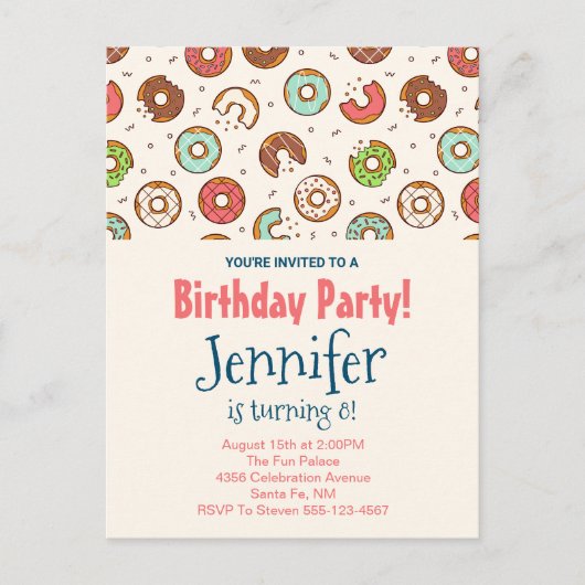 レトロスタイルかわいいカラフルドーナツ型 インビテーションポストカード (正面)