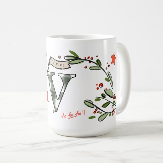 レトロスタイルかわいいクリスマスモノグラムV名前 コーヒーマグカップ (正面右)
