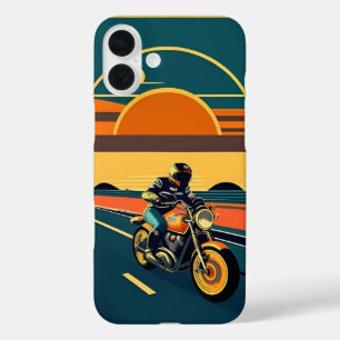 レトロスタイルのオートバイライダー風光明媚な夕日 iPhone 16 PLUSケース