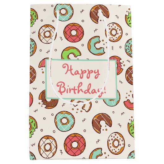 レトロスタイルのカラフルなドーナツ柄誕生日 ミディアムペーパーバッグ (正面)
