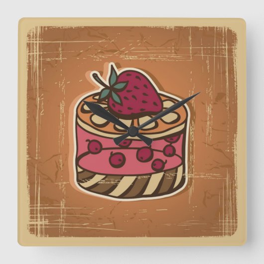 レトロスタイルのケーキイラストレーション スクエア壁時計 (正面)