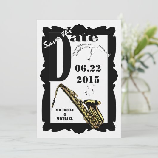 レトロスタイルのジャズ・セーブ・ザ・デート ブラック&ホワイト 3 セーブザデート (スタンド正面)