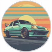 レトロスタイルのスポーツカーと日没の背景 シール (正面)