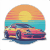 レトロスタイルのスポーツカーと日没の背景 シール (正面)