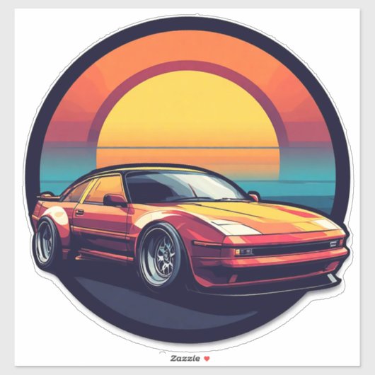 レトロスタイルのスポーツカーと日没の背景 シール (シート)