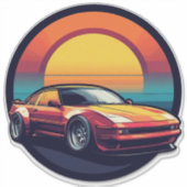 レトロスタイルのスポーツカーと日没の背景 シール (正面)