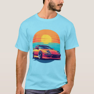 レトロスタイルのスポーツカーと日没の背景 Tシャツ