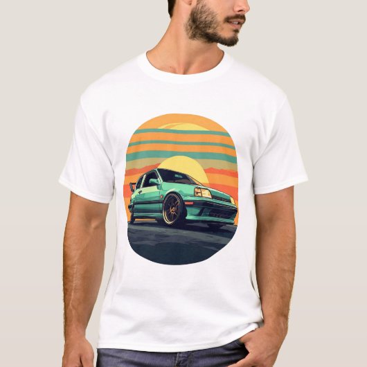 レトロスタイルのスポーツカーと日没の背景 Tシャツ (正面)