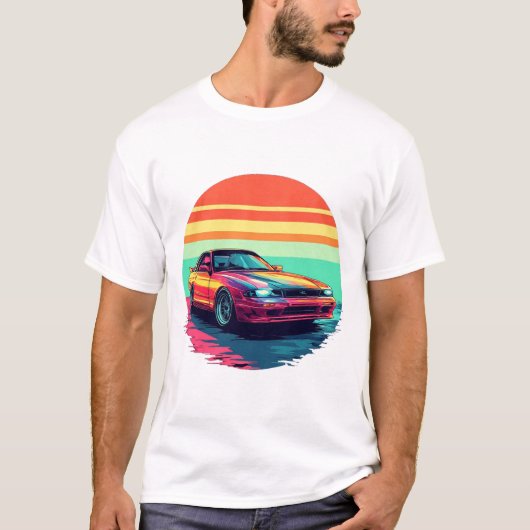 レトロスタイルのスポーツカーと日没の背景 Tシャツ (正面)
