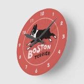 レトロスタイルのボストンテリアの飛び跳ねる犬 ラウンド壁時計 (傾斜)