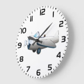 レトロスタイルのヴィンテージ 白い漫画のプロペラ飛行機 ラージ壁時計 (傾斜)