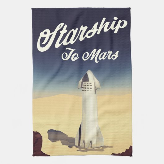 レトロスタイルの宇宙旅行：火星への宇宙船 キッチンタオル (縦)