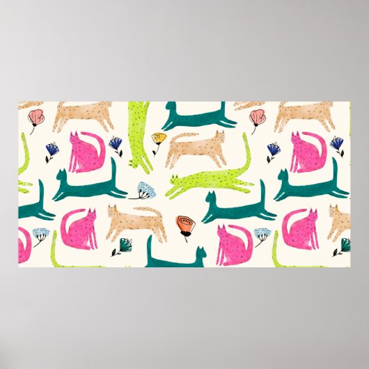 レトロスタイルの抽象的な花と猫のイラスト ポスター (正面)