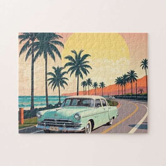 レトロスタイルの海岸道路のヴィンテージ車 ジグソーパズル (横)