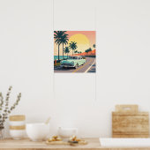 レトロスタイルの海岸道路のヴィンテージ車 ポスター (キッチン)