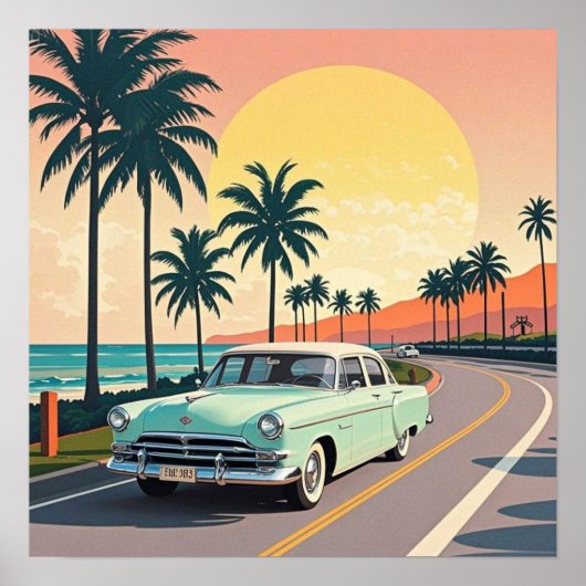 レトロスタイルの海岸道路のヴィンテージ車 ポスター (正面)