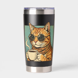 レトロスタイルの猫デザイン コーヒー好きな猫愛好家向け 保温保冷タンブラー