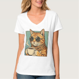 レトロスタイルの猫デザイン コーヒー好きな猫愛好家向け Tシャツ