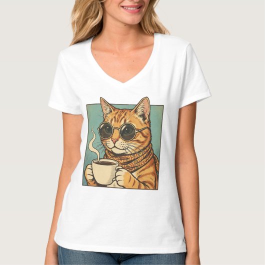 レトロスタイルの猫デザイン コーヒー好きな猫愛好家向け Tシャツ (正面)