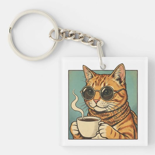 レトロスタイルの猫デザイン コーヒー好きな猫愛好者向け キーホルダー (正面)