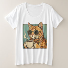 レトロスタイルの猫デザイン コーヒー好きな猫愛好者向け プラスサイズTシャツ
