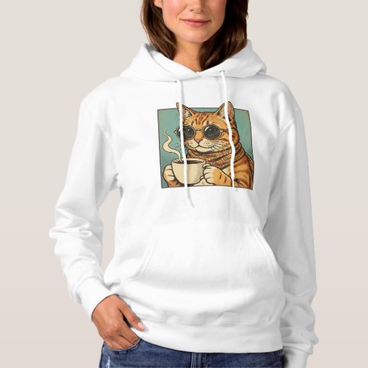 レトロスタイルの猫デザイン　猫好きのためのコーヒーTシャツ パーカ (正面)