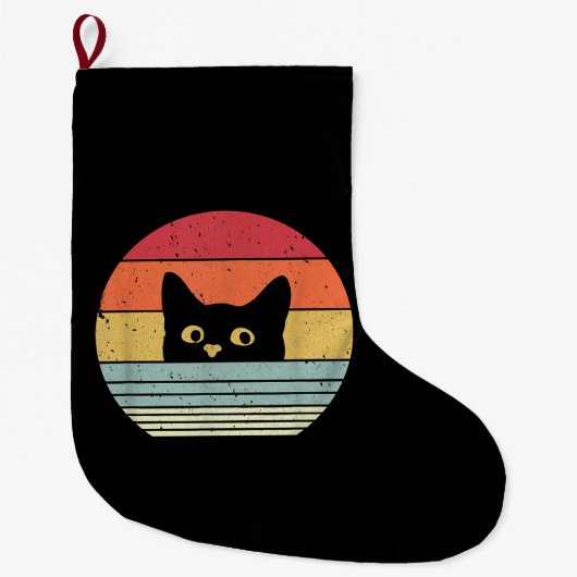 レトロスタイルの猫Tシャツ ラージクリスマスストッキング (正面)