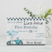 レトロスタイルの自動車のお誕生日会、ベイビーシャワーのご招待 招待状 (スタンド正面)