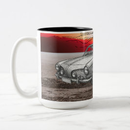 レトロスタイルの車イラストマグカップ ツートーンマグカップ
